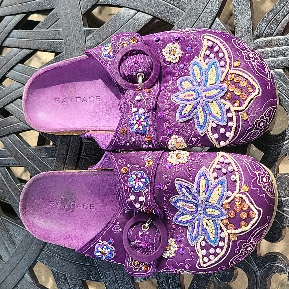 Rampage bejeweled flat heel purple slip on clog with buckle gorgeous beading